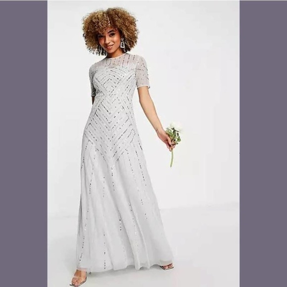 Frock and Frill Size 4 Bridesmaid Short Sleeve Maxi Gown Dress In Light Gray